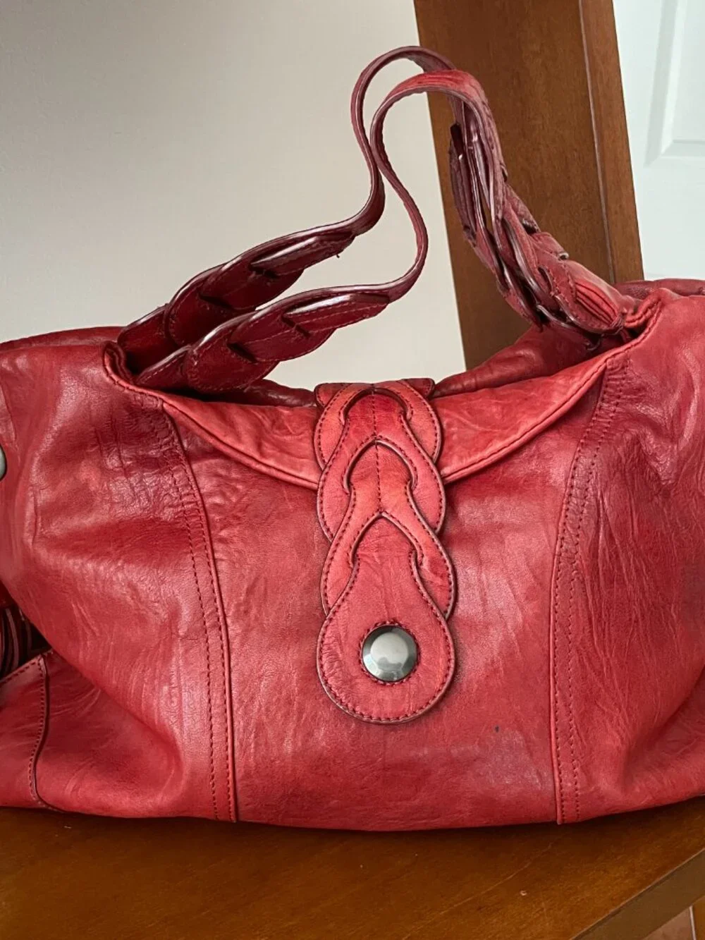 Junior Drake Berry Red Braided Leather Athena Hobo Bag